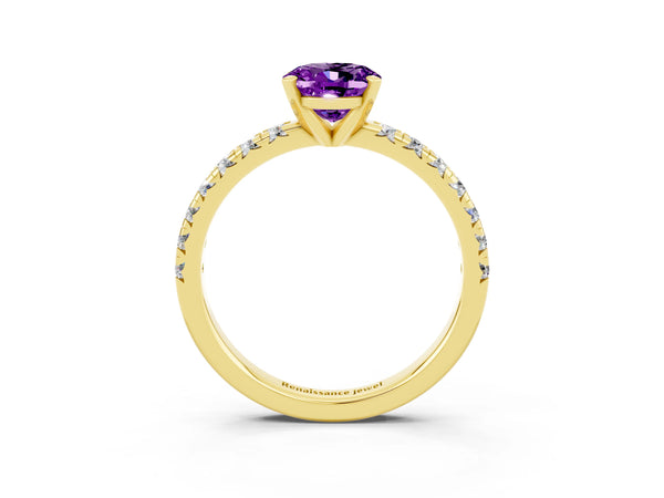 Yellow gold Oval Cut Amethyst Solitaire Pavé Engagement Ring with Round Band and Prong Setting