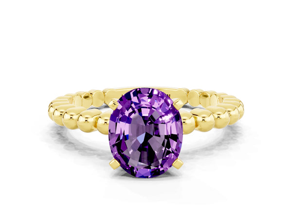 Yellow gold Oval Cut Amethyst Solitaire Ring with Beaded Band and Prong Setting