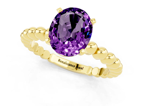 Yellow gold Oval Cut Amethyst Solitaire Ring with Beaded Band and Prong Setting
