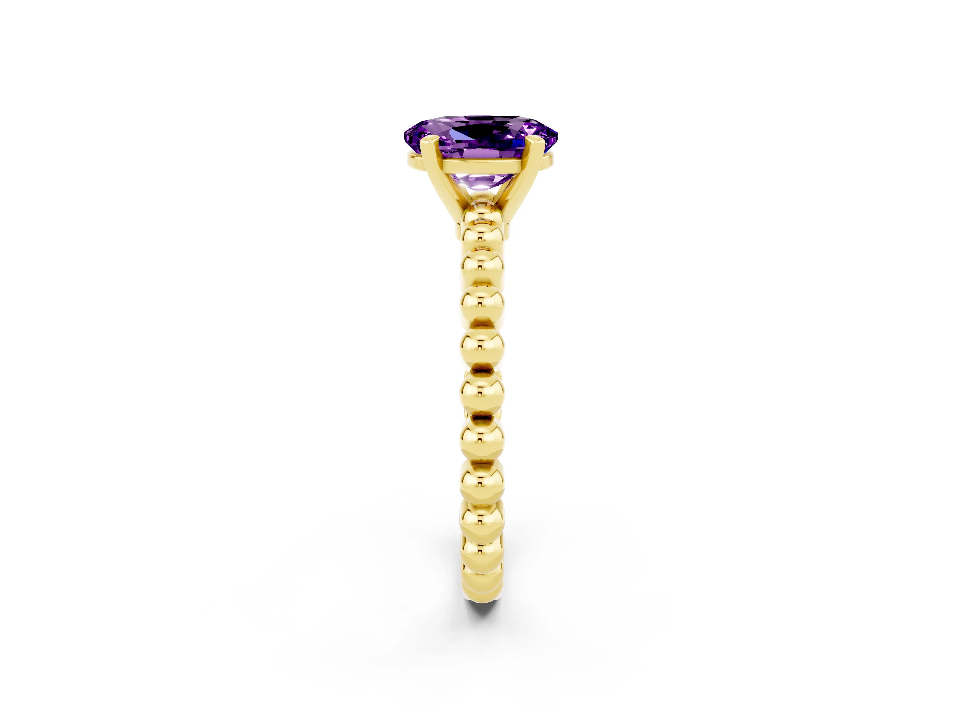 Yellow gold Oval Cut Amethyst Solitaire Ring with Beaded Band and Prong Setting_2