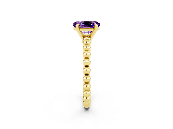 Yellow gold Oval Cut Amethyst Solitaire Ring with Beaded Band and Prong Setting