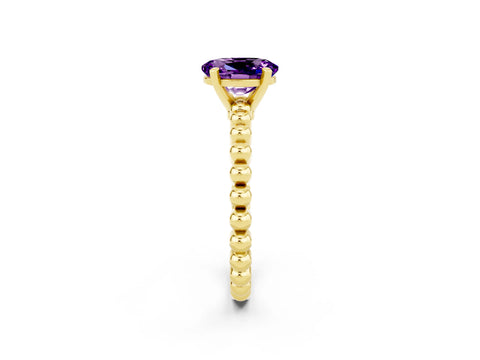 Yellow gold Oval Cut Amethyst Solitaire Ring with Beaded Band and Prong Setting_2
