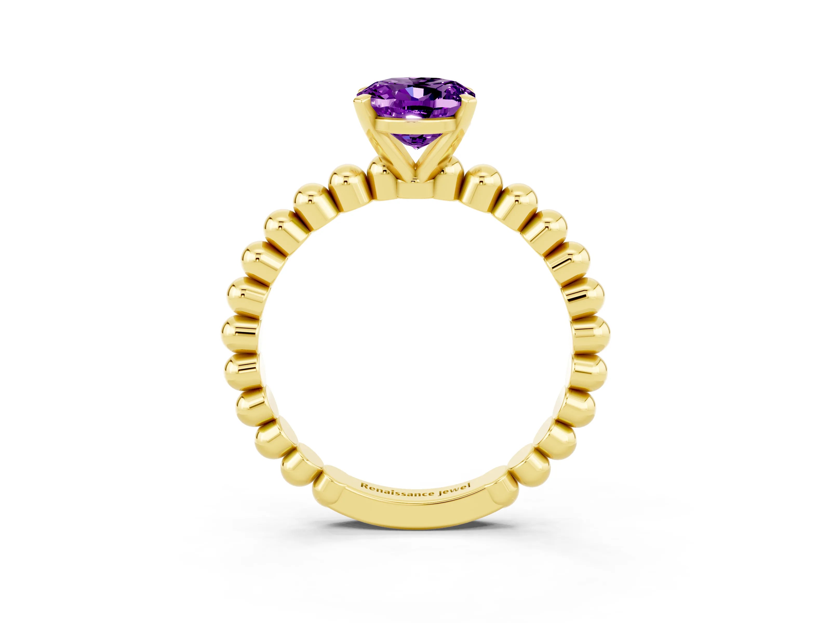 Yellow gold Oval Cut Amethyst Solitaire Ring with Beaded Band and Prong Setting_3