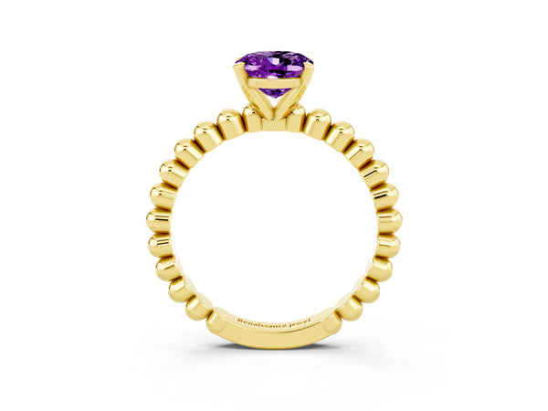 Yellow gold Oval Cut Amethyst Solitaire Ring with Beaded Band and Prong Setting