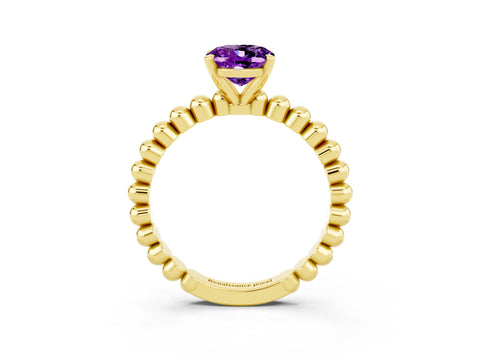 Yellow gold Oval Cut Amethyst Solitaire Ring with Beaded Band and Prong Setting_3