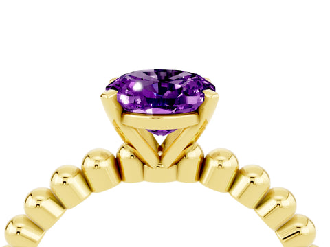 Yellow gold Oval Cut Amethyst Solitaire Ring with Beaded Band and Prong Setting_4