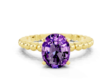 Yellow gold Oval Cut Amethyst Solitaire Ring with Beaded Band and Prong Setting