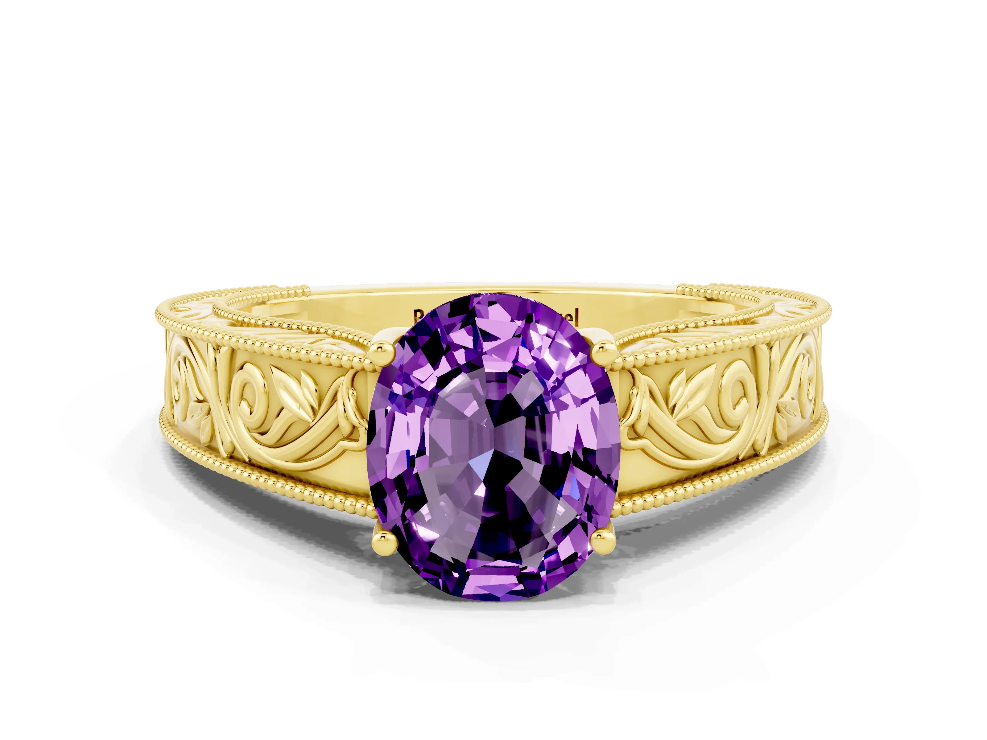 Yellow gold Oval Cut Amethyst Solitaire Ring with Engraved Band and Four-Prong Setting