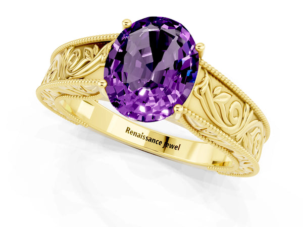 Yellow gold Oval Cut Amethyst Solitaire Ring with Engraved Band and Four-Prong Setting