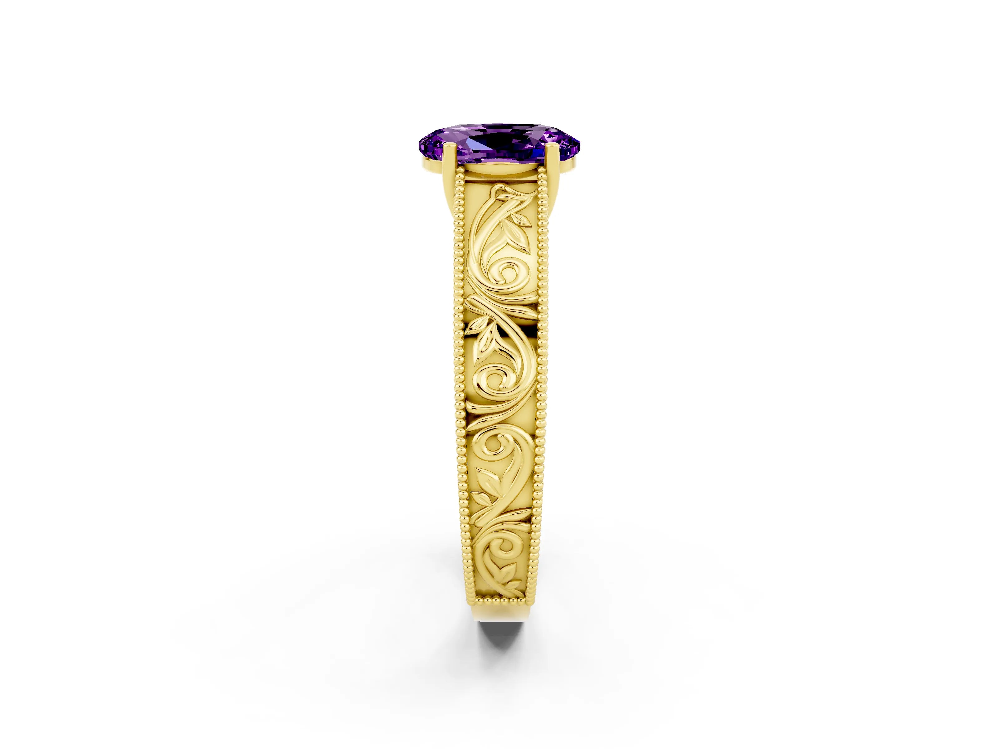 Yellow gold Oval Cut Amethyst Solitaire Ring with Engraved Band and Four-Prong Setting_2