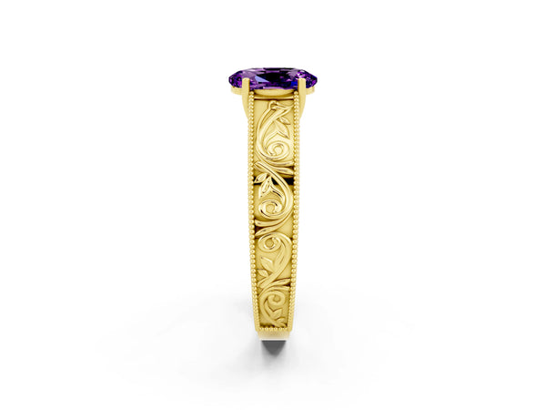 Yellow gold Oval Cut Amethyst Solitaire Ring with Engraved Band and Four-Prong Setting