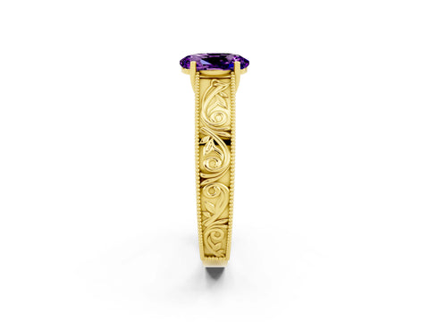 Yellow gold Oval Cut Amethyst Solitaire Ring with Engraved Band and Four-Prong Setting_2