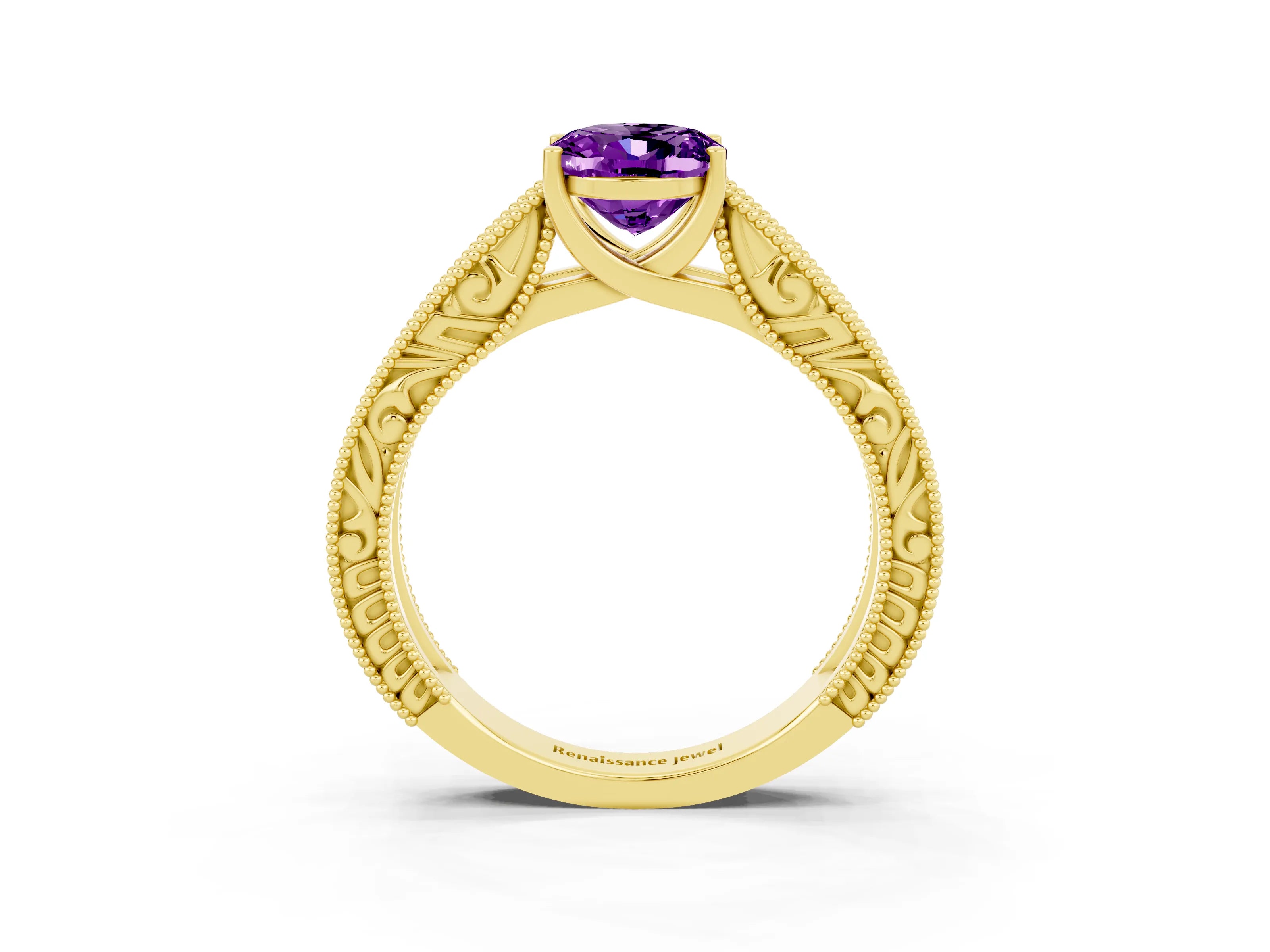 Yellow gold Oval Cut Amethyst Solitaire Ring with Engraved Band and Four-Prong Setting_3