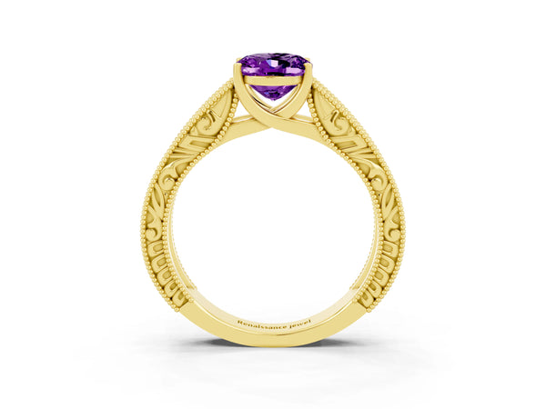 Yellow gold Oval Cut Amethyst Solitaire Ring with Engraved Band and Four-Prong Setting