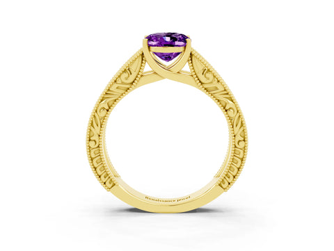 Yellow gold Oval Cut Amethyst Solitaire Ring with Engraved Band and Four-Prong Setting_3