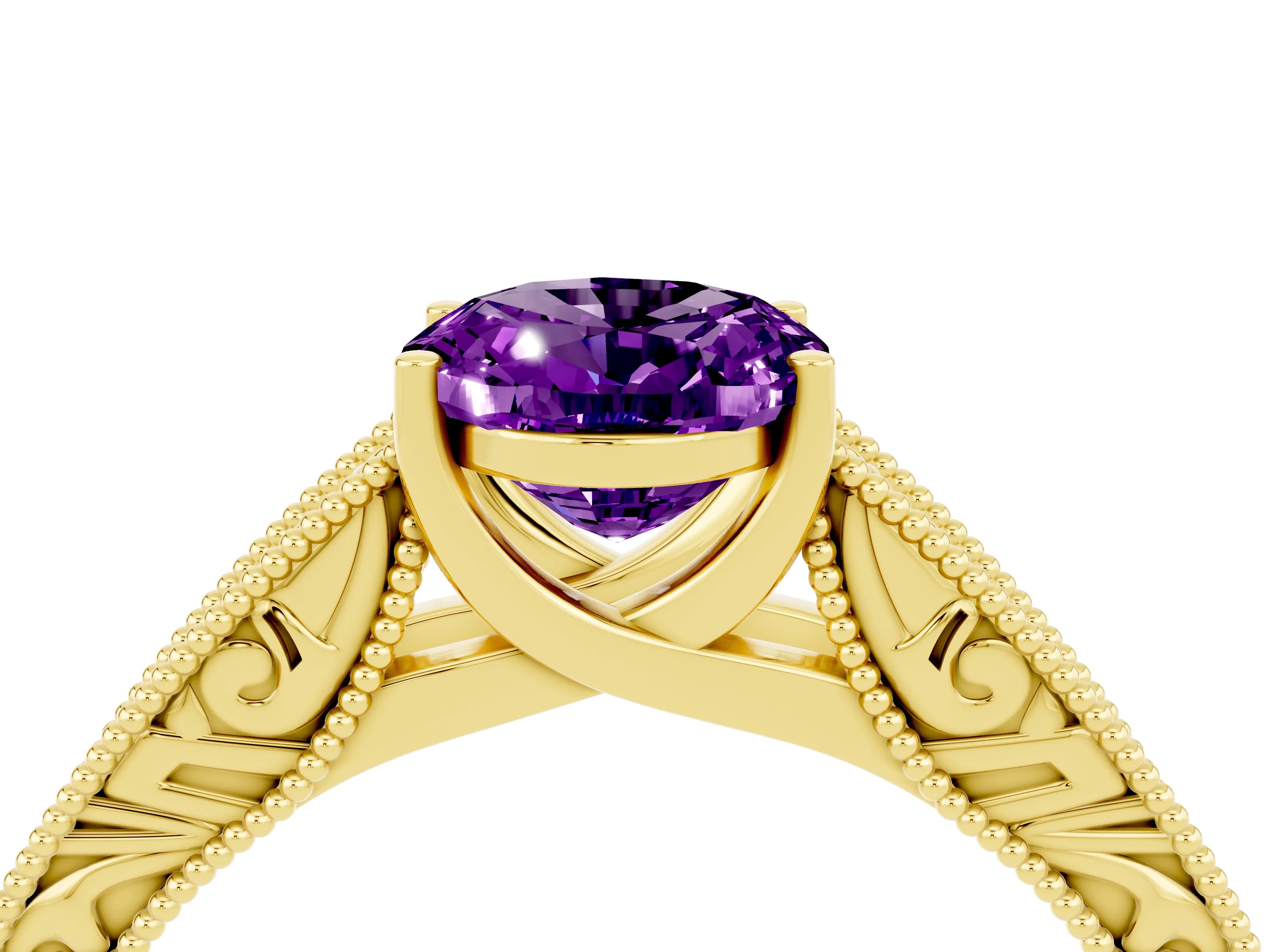 Yellow gold Oval Cut Amethyst Solitaire Ring with Engraved Band and Four-Prong Setting_4