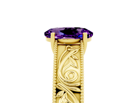 Yellow gold Oval Cut Amethyst Solitaire Ring with Engraved Band and Four-Prong Setting_5