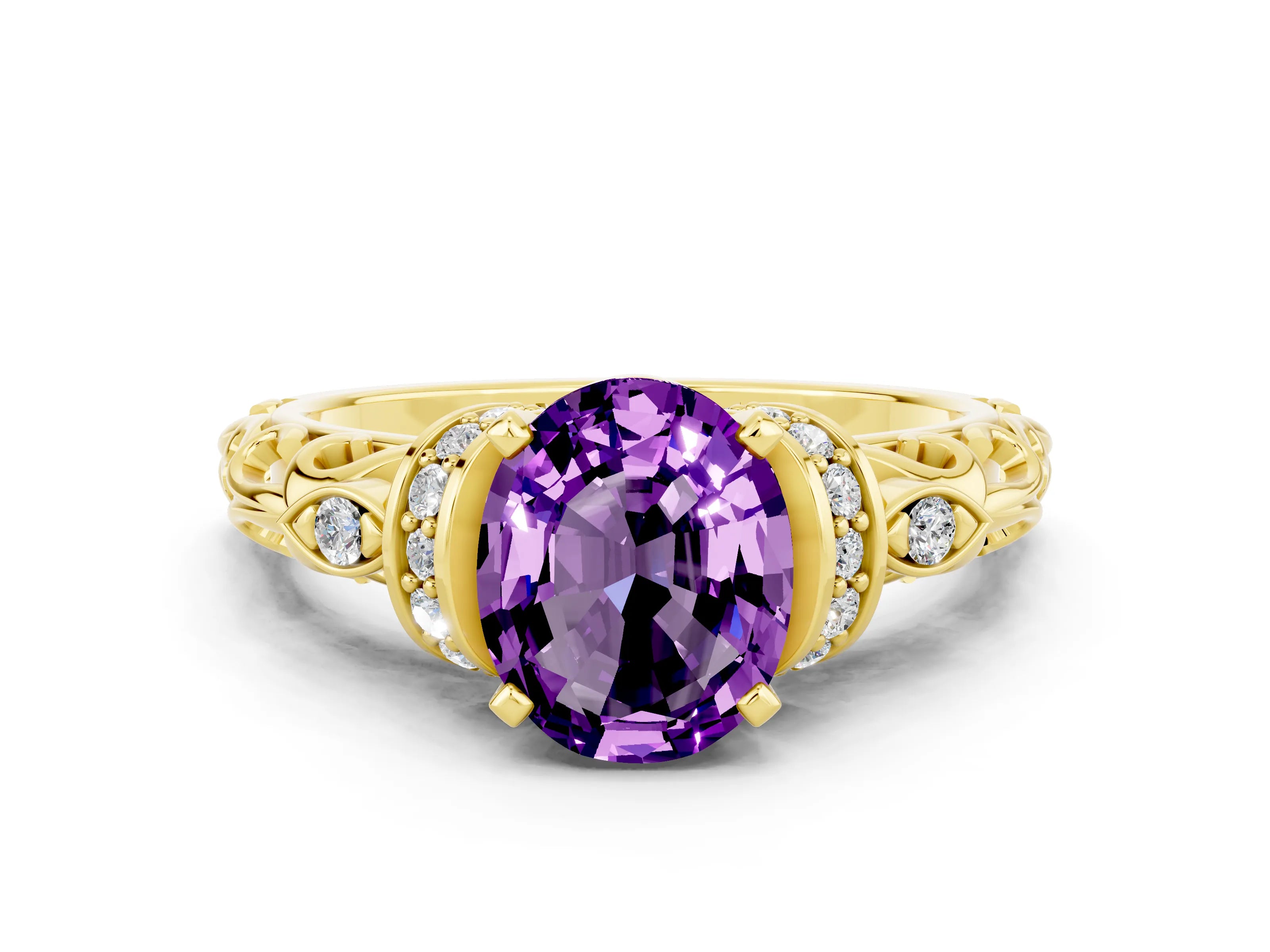 Yellow gold Oval Cut Amethyst Solitaire Ring with Filigree Band and Four-Prong Setting_24