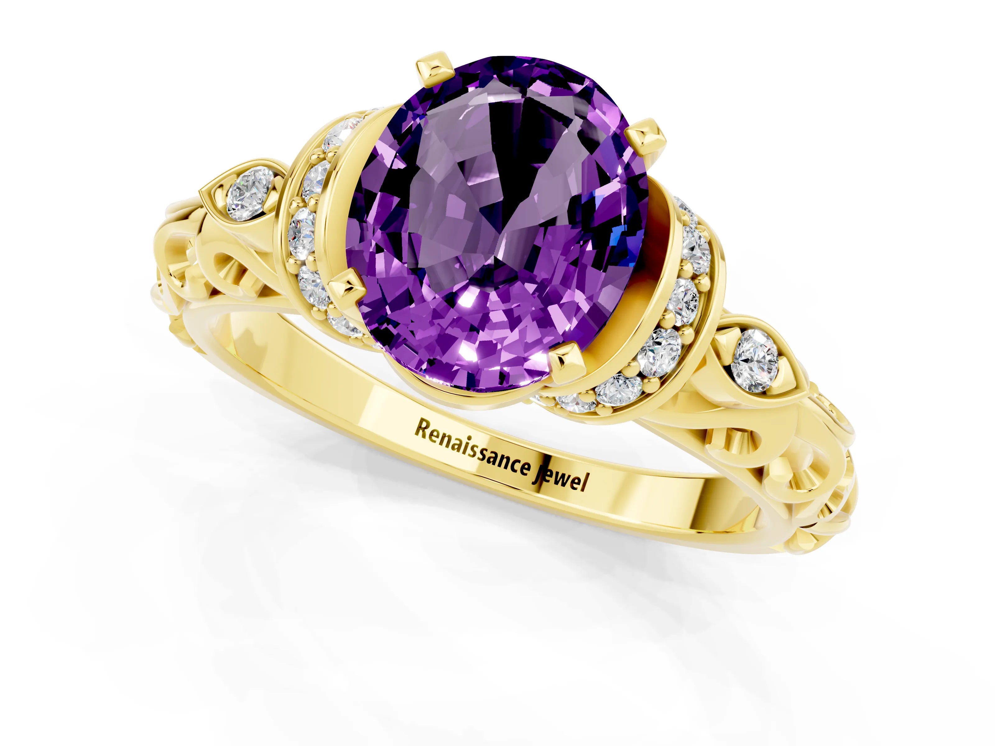 Yellow gold Oval Cut Amethyst Solitaire Ring with Filigree Band and Four-Prong Setting_25