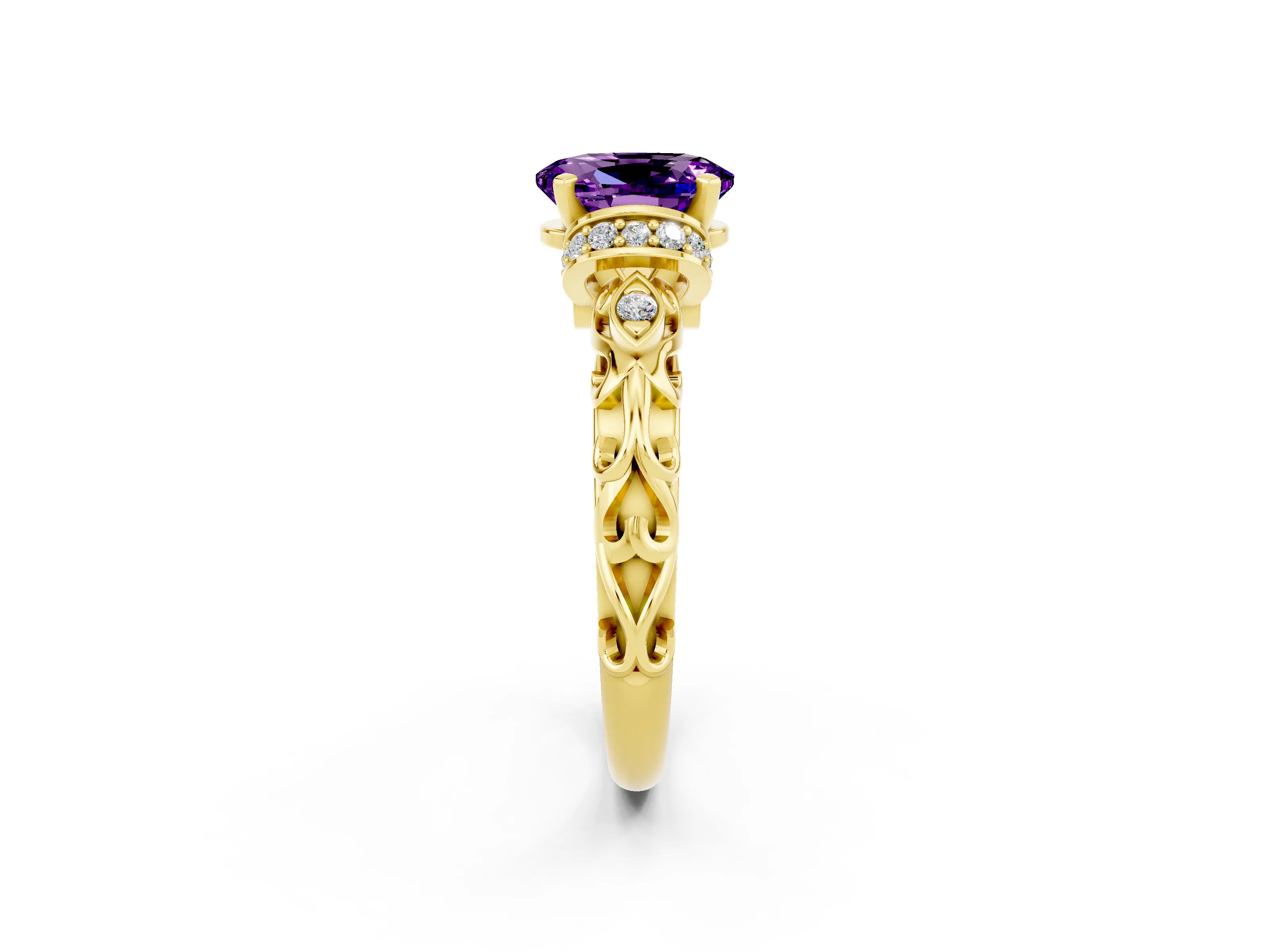 Yellow gold Oval Cut Amethyst Solitaire Ring with Filigree Band and Four-Prong Setting_26