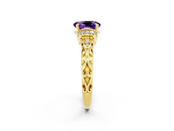 Yellow gold Oval Cut Amethyst Solitaire Ring with Filigree Band and Four-Prong Setting