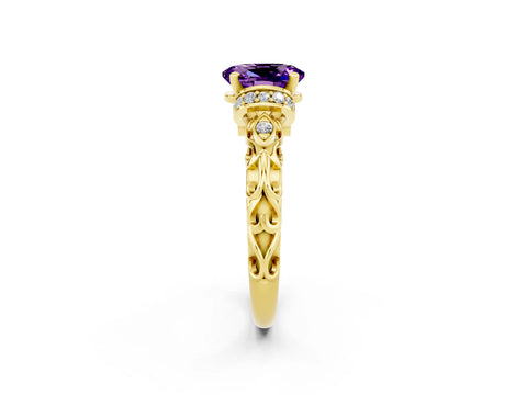 Yellow gold Oval Cut Amethyst Solitaire Ring with Filigree Band and Four-Prong Setting_26