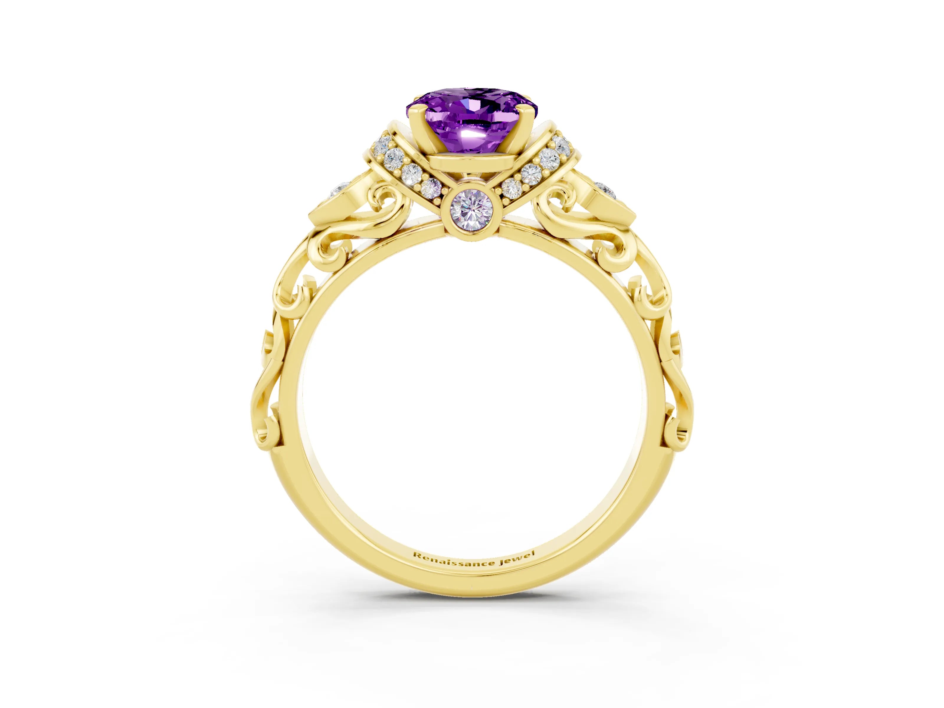 Yellow gold Oval Cut Amethyst Solitaire Ring with Filigree Band and Four-Prong Setting_27