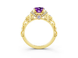 Yellow gold Oval Cut Amethyst Solitaire Ring with Filigree Band and Four-Prong Setting_27