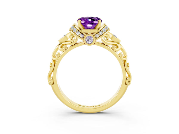 Yellow gold Oval Cut Amethyst Solitaire Ring with Filigree Band and Four-Prong Setting