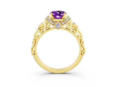 Yellow gold Oval Cut Amethyst Solitaire Ring with Filigree Band and Four-Prong Setting_27