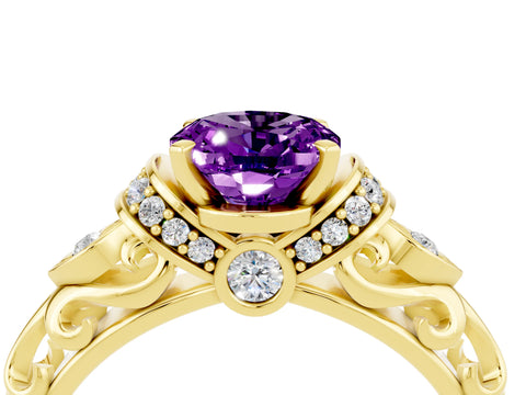Yellow gold Oval Cut Amethyst Solitaire Ring with Filigree Band and Four-Prong Setting_28