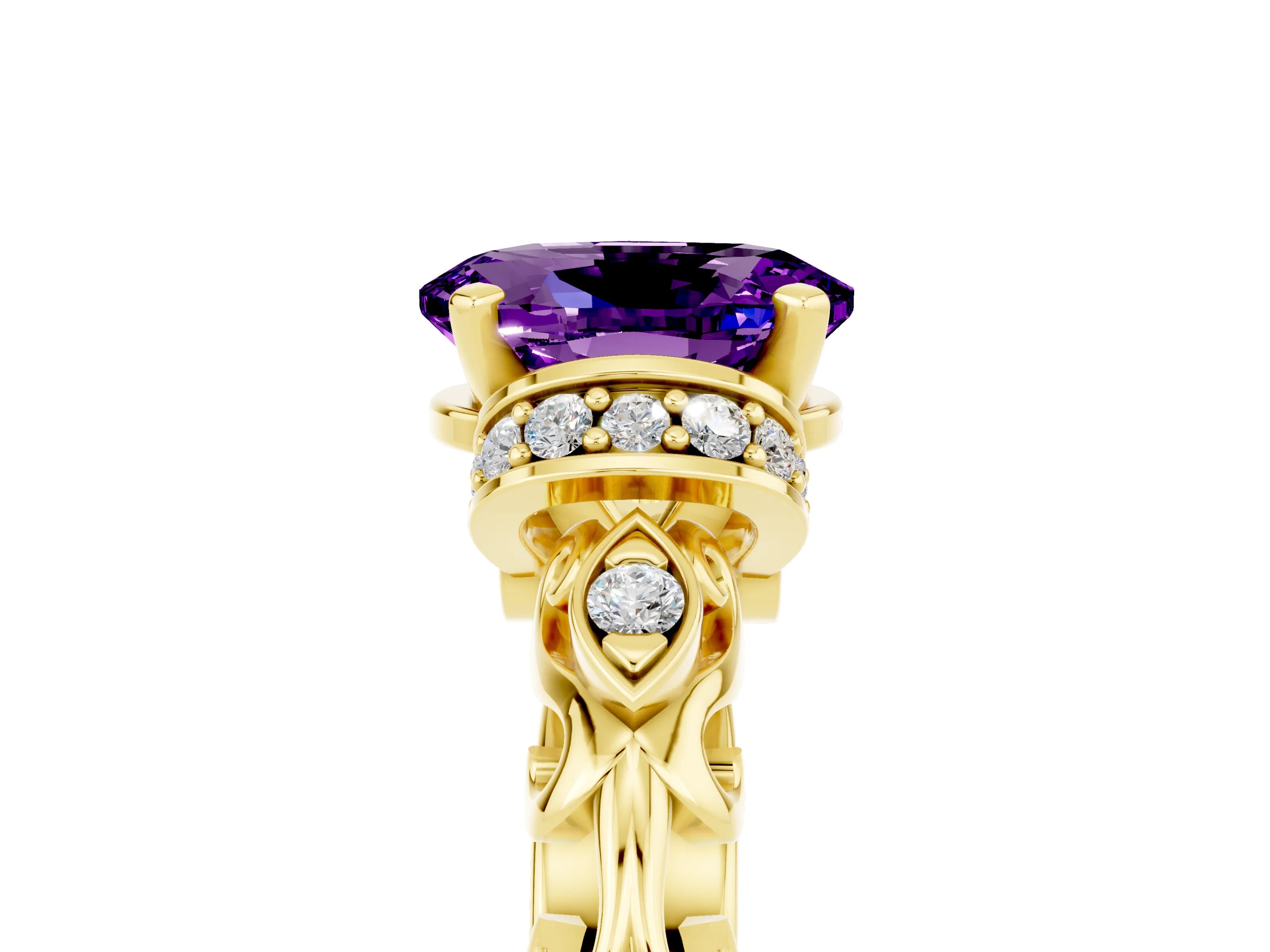 Yellow gold Oval Cut Amethyst Solitaire Ring with Filigree Band and Four-Prong Setting_29
