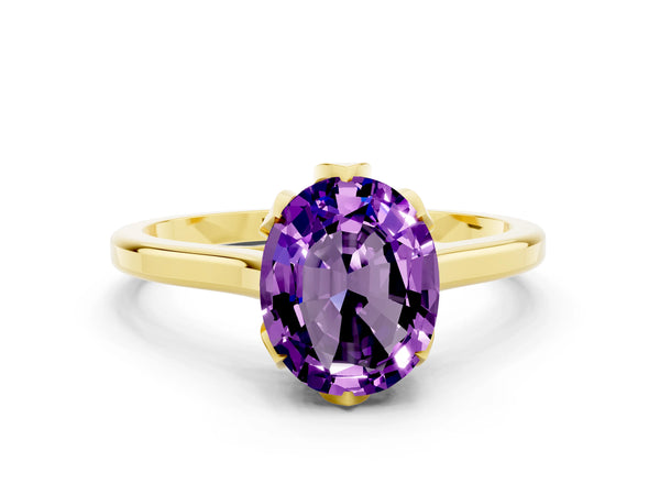 Yellow gold Oval Cut Amethyst Solitaire Ring with Flower Prong Setting and Classic Band