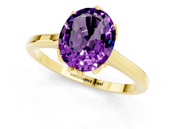 Yellow gold Oval Cut Amethyst Solitaire Ring with Flower Prong Setting and Classic Band