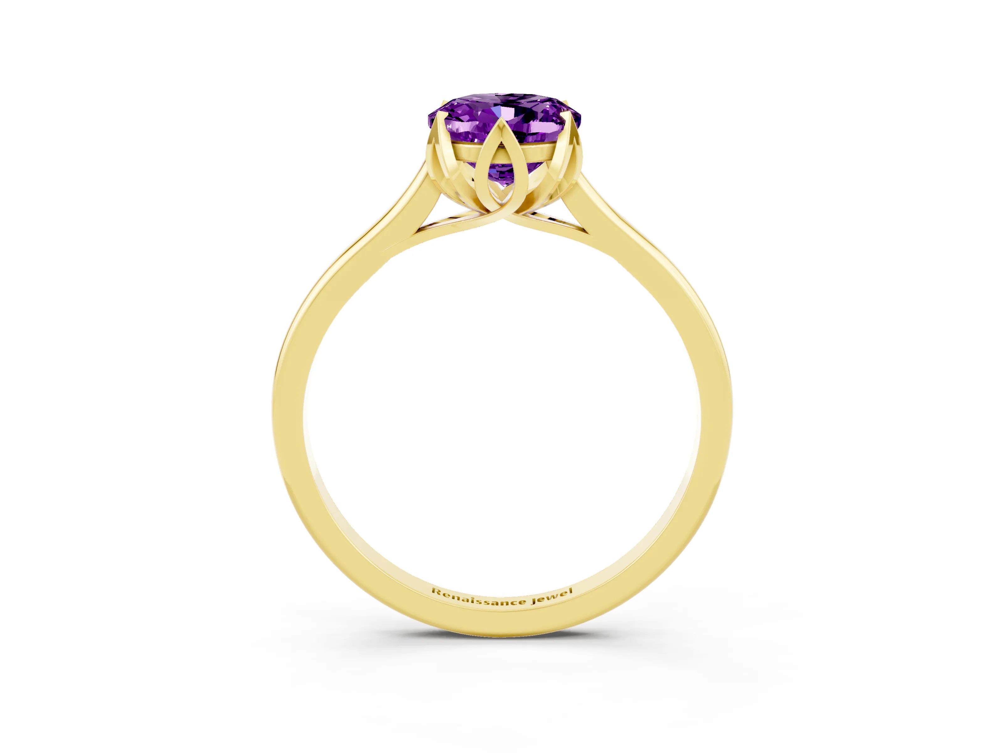 Yellow gold Oval Cut Amethyst Solitaire Ring with Flower Prong Setting and Classic Band_27