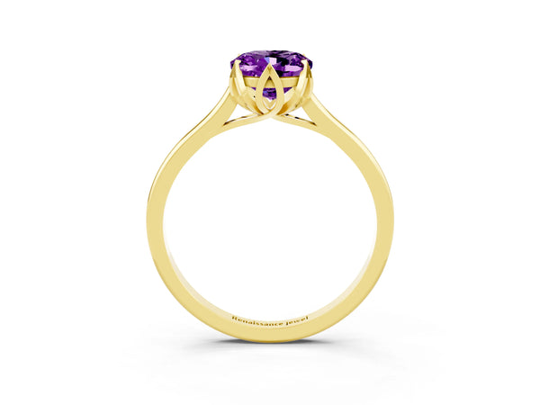 Yellow gold Oval Cut Amethyst Solitaire Ring with Flower Prong Setting and Classic Band