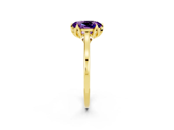 Yellow Gold Oval Amethyst Floral Solitaire Engagement Ring with Flower Prong Head and Plain Band