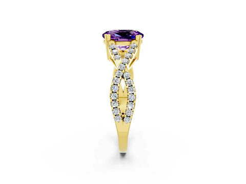 Yellow gold Oval Cut Amethyst Solitaire Ring with Four-Prong Setting and Twisted Pavé Band_2