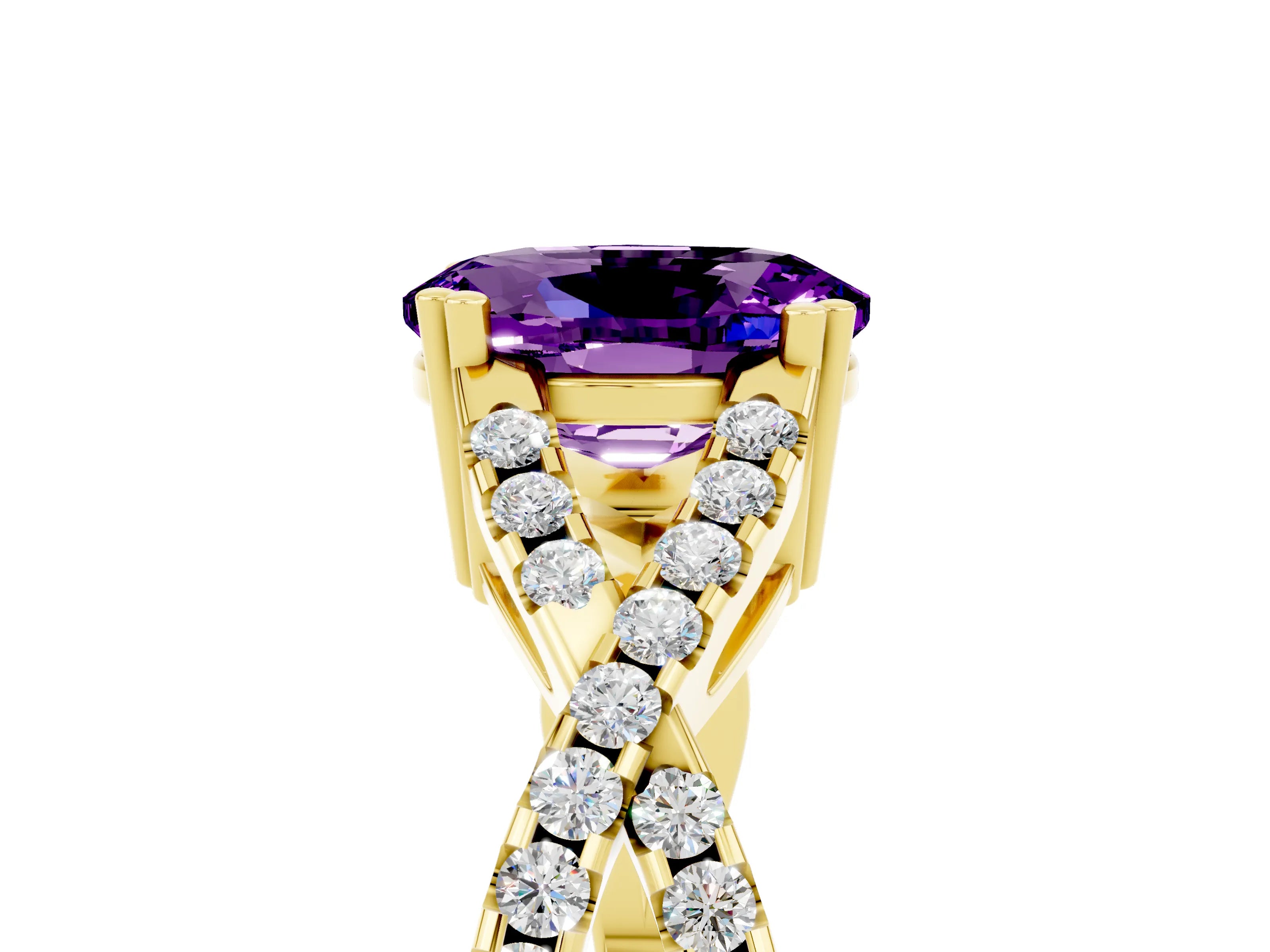 Yellow gold Oval Cut Amethyst Solitaire Ring with Four-Prong Setting and Twisted Pavé Band_5