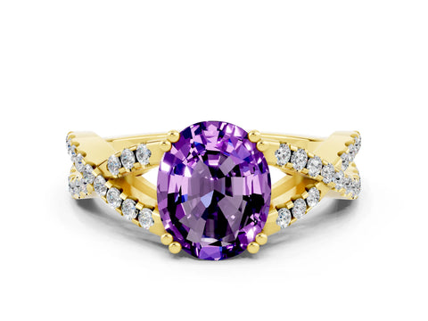 Yellow gold Oval Cut Amethyst Solitaire Ring with Four-Prong Setting and Twisted Pavé Band