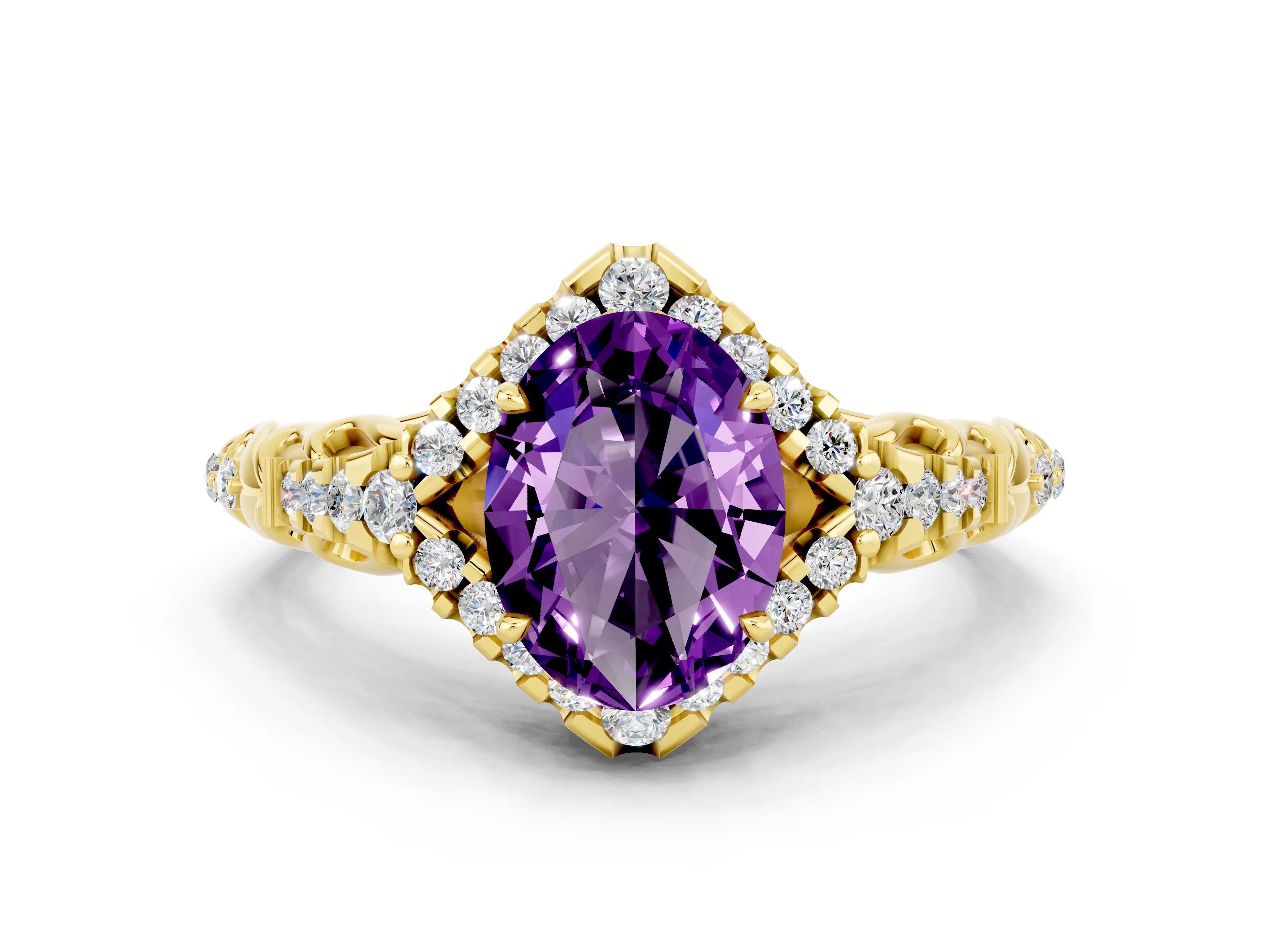 Yellow gold Oval Cut Amethyst Solitaire Ring with Hidden Halo and Pavé Band_12