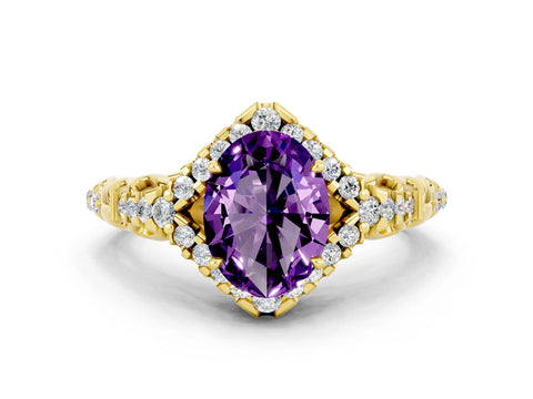 Yellow gold Oval Cut Amethyst Solitaire Ring with Hidden Halo and Pavé Band_12