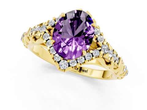 Yellow gold Oval Cut Amethyst Solitaire Ring with Hidden Halo and Pavé Band_13
