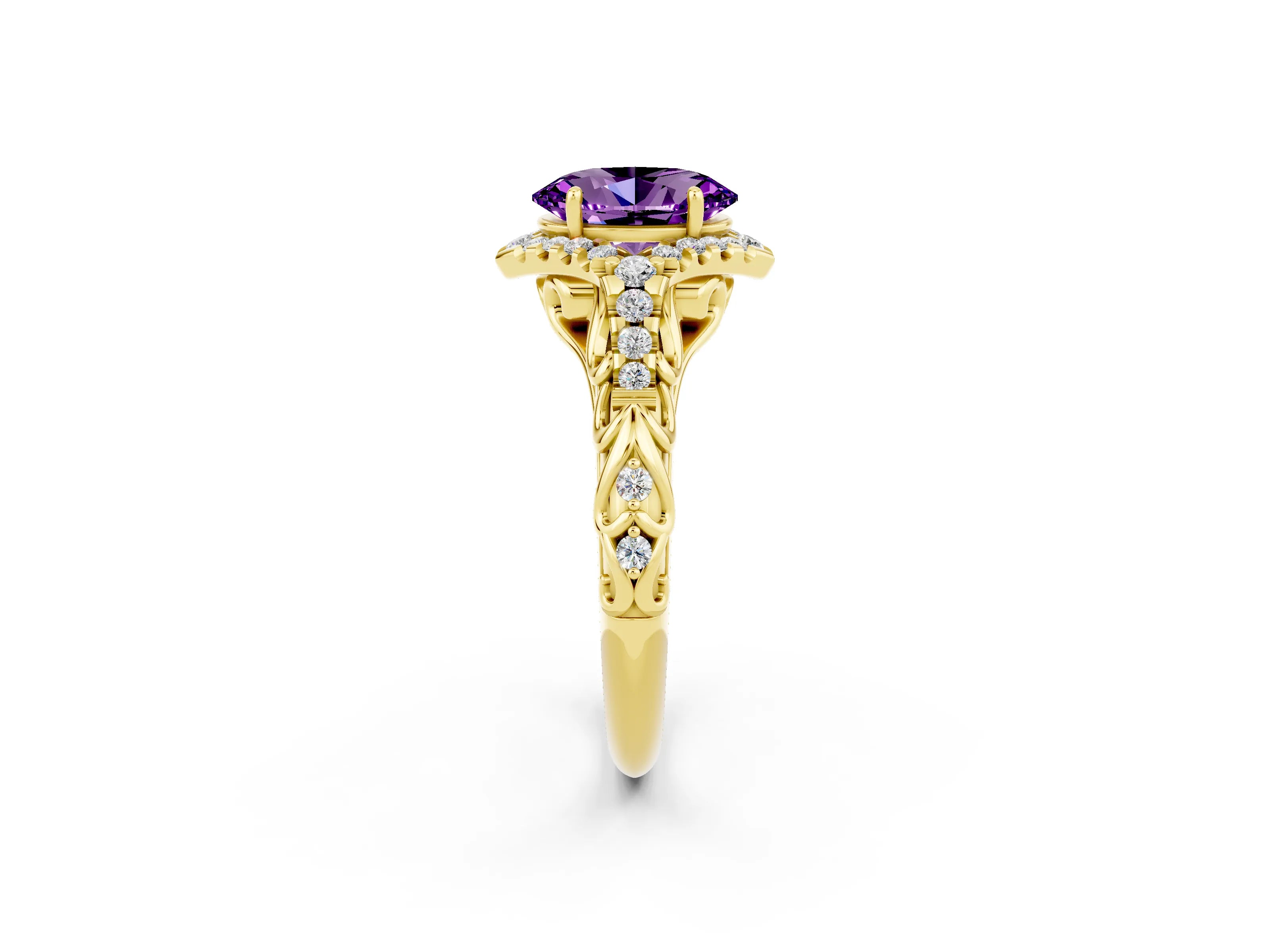 Yellow gold Oval Cut Amethyst Solitaire Ring with Hidden Halo and Pavé Band_14