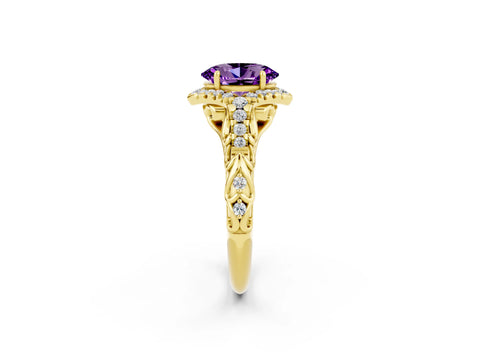 Yellow gold Oval Cut Amethyst Solitaire Ring with Hidden Halo and Pavé Band_14