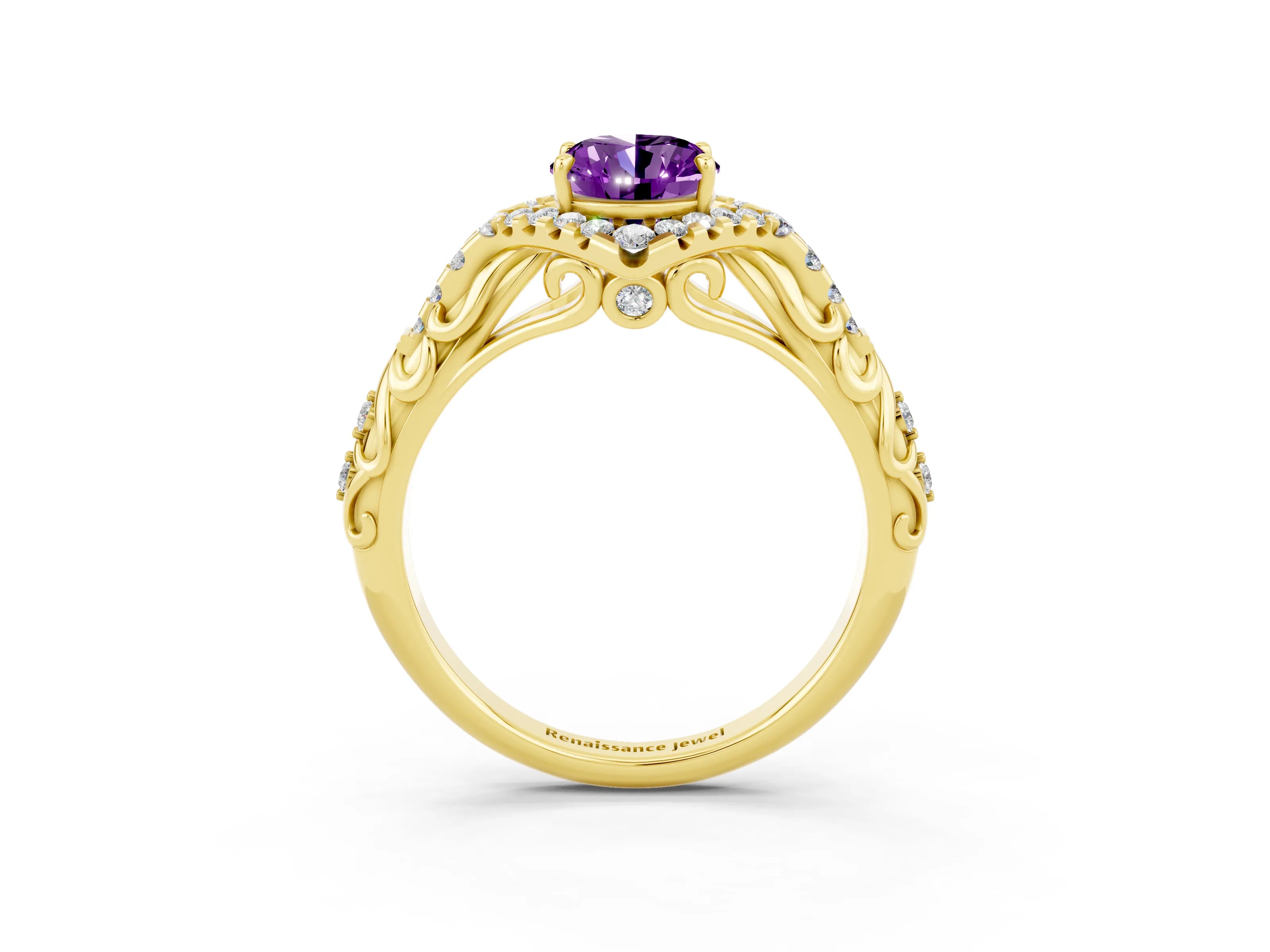 Yellow gold Oval Cut Amethyst Solitaire Ring with Hidden Halo and Pavé Band_15