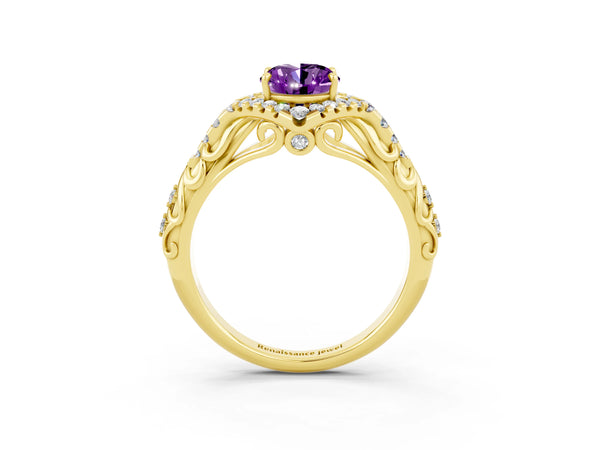 Yellow Gold Oval Amethyst Vintage Hidden Halo Engagement Ring with Pave Band and Filigree Gallery