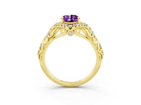 Yellow gold Oval Cut Amethyst Solitaire Ring with Hidden Halo and Pavé Band_15