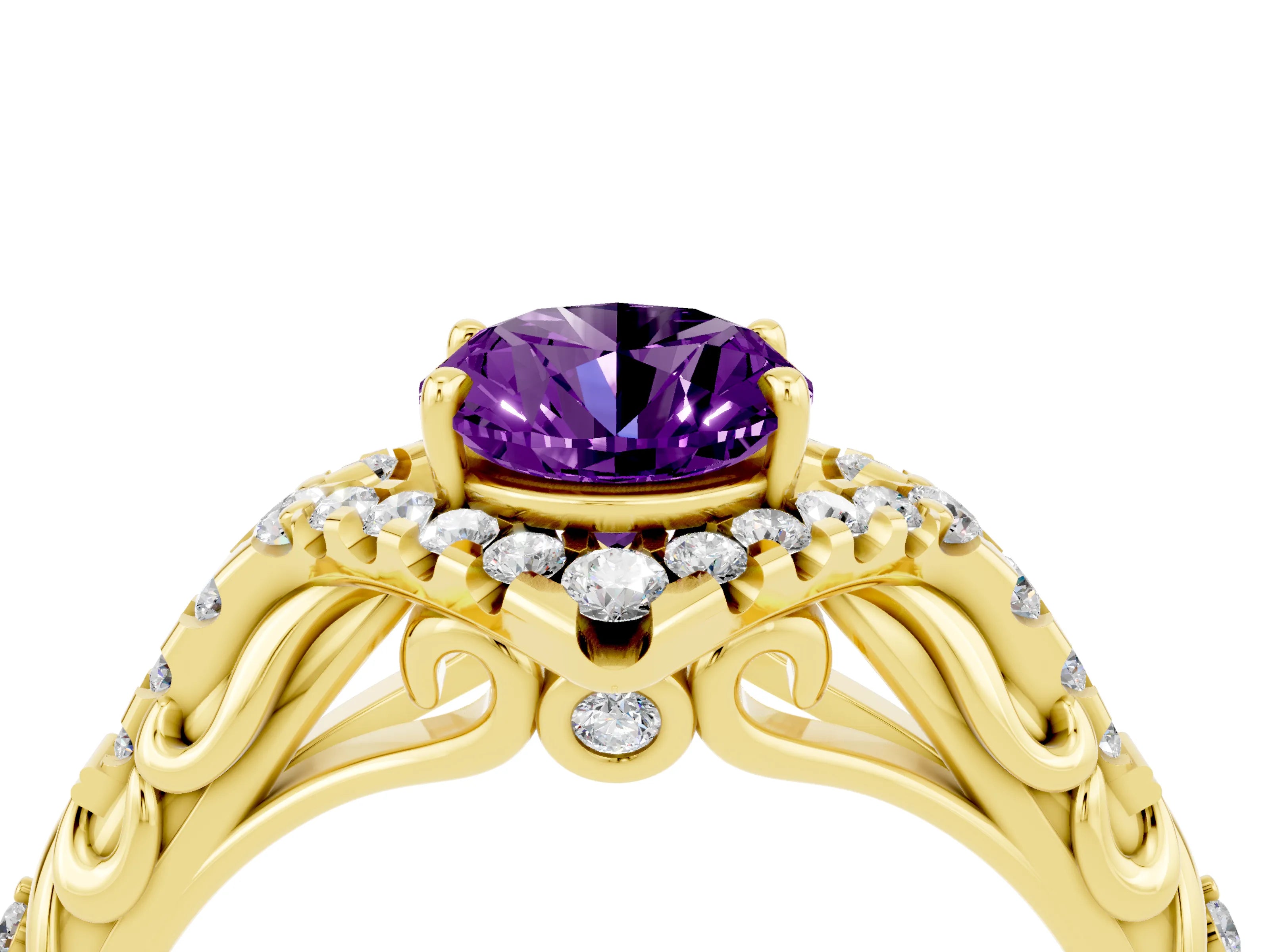Yellow gold Oval Cut Amethyst Solitaire Ring with Hidden Halo and Pavé Band_16