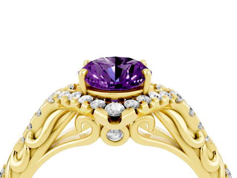 Yellow gold Oval Cut Amethyst Solitaire Ring with Hidden Halo and Pavé Band_16